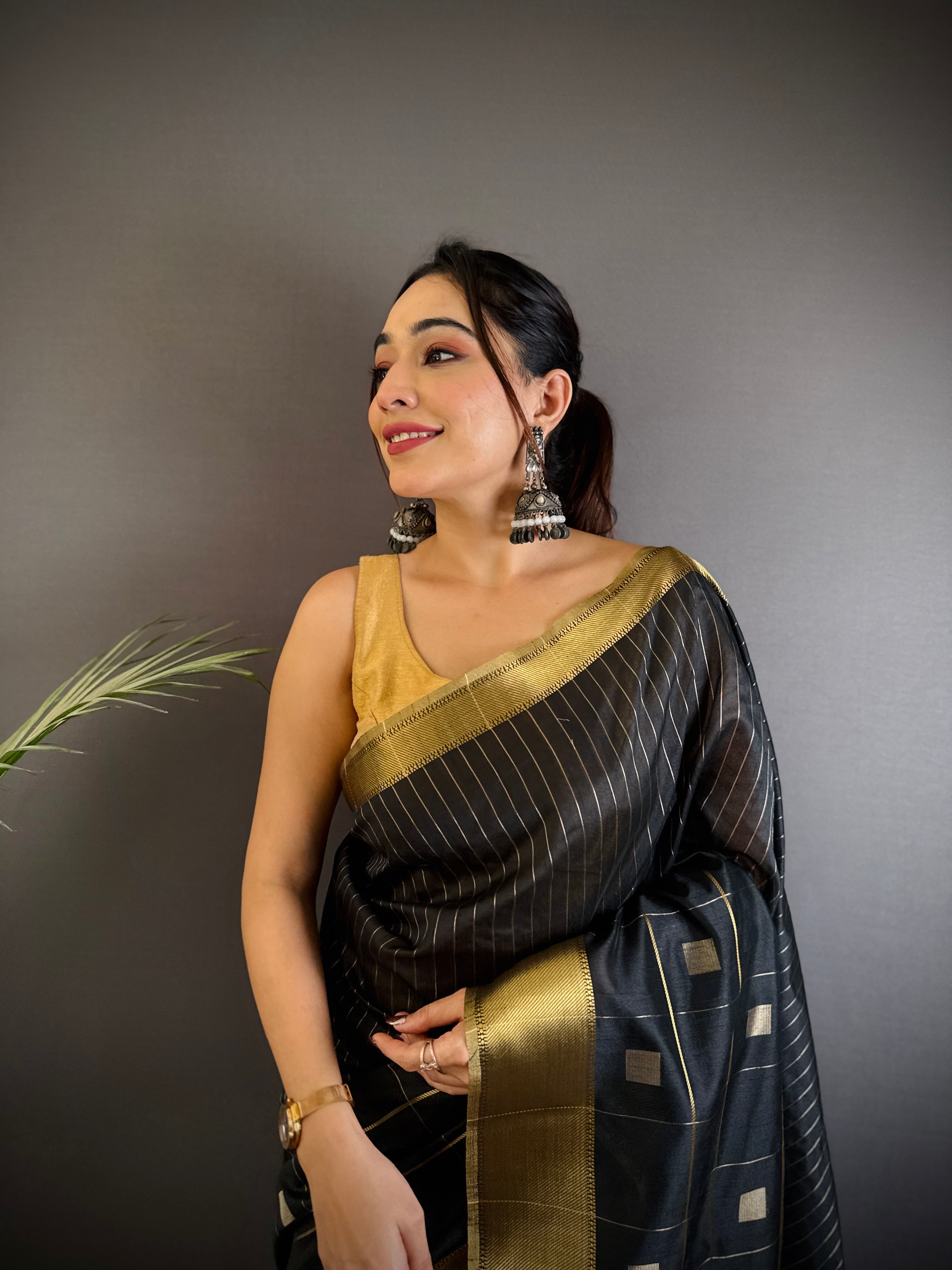 Sonakshi Women's Black Soft Cotton Silk Golden Zari Weaving Traditional Saree with Blouse - Distacart
