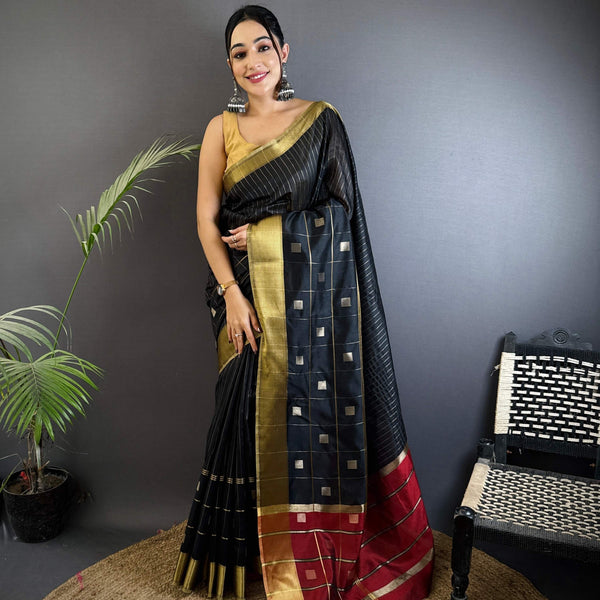 Sonakshi Women's Black Soft Cotton Silk Golden Zari Weaving Traditional Saree with Blouse - Distacart