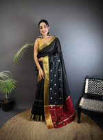 Thumbnail for Sonakshi Women's Black Soft Cotton Silk Golden Zari Weaving Traditional Saree with Blouse - Distacart