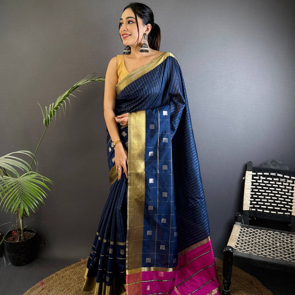 Sonakshi Women's Royal Blue Soft Cotton Silk Golden Zari Weaving Traditional Saree with Blouse - Distacart