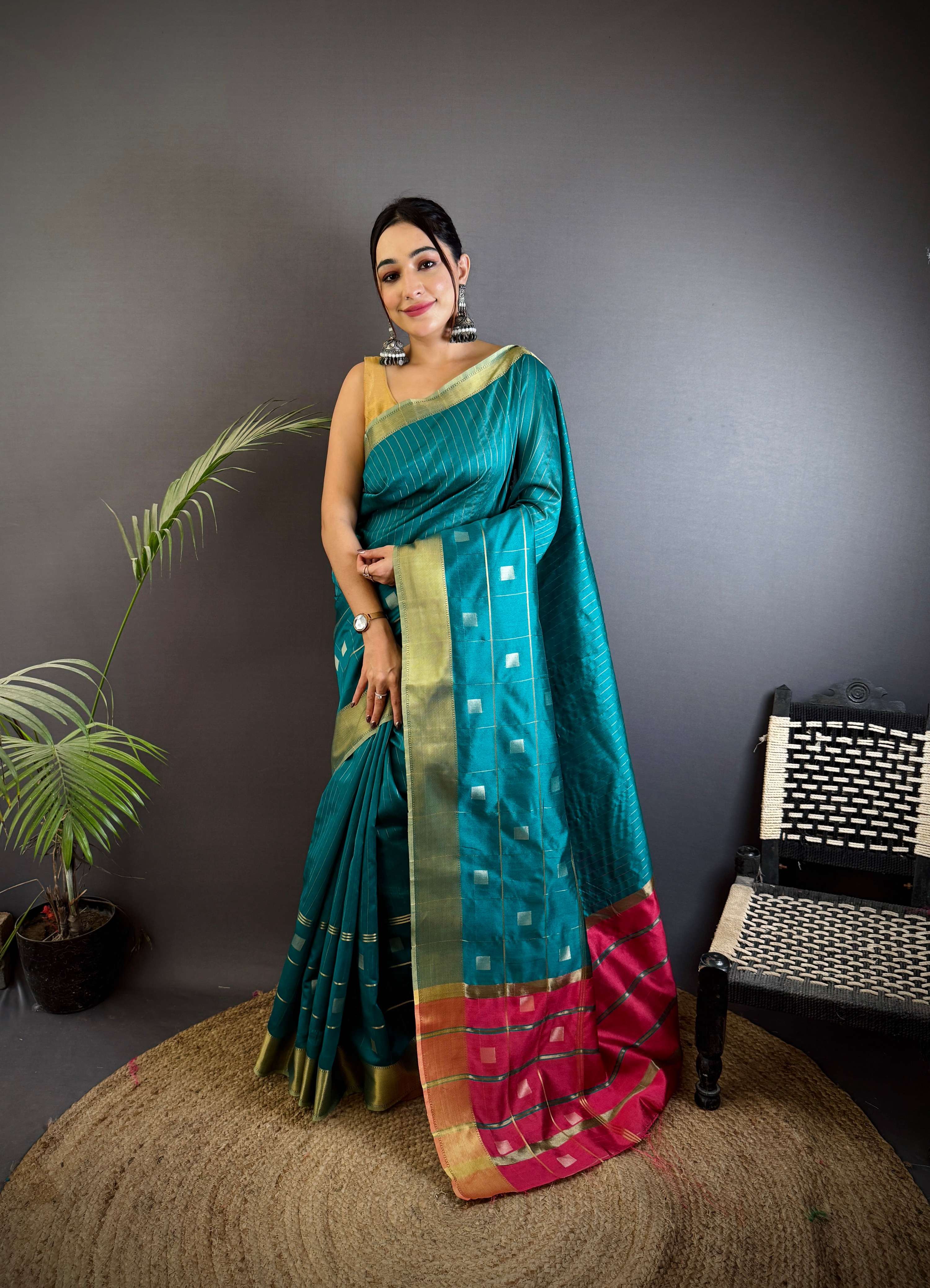 Sonakshi Women's Teal Soft Cotton Silk Golden Zari Weaving Traditional Saree with Blouse - Distacart
