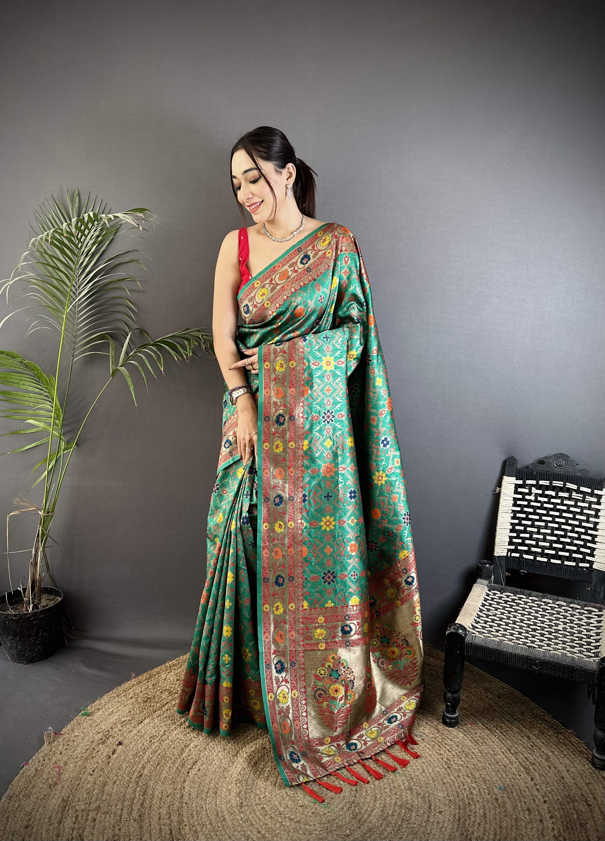 Sonakshi Women's Teal Banarsi Silk Tassel Weaving Traditional Saree with Blouse - Distacart