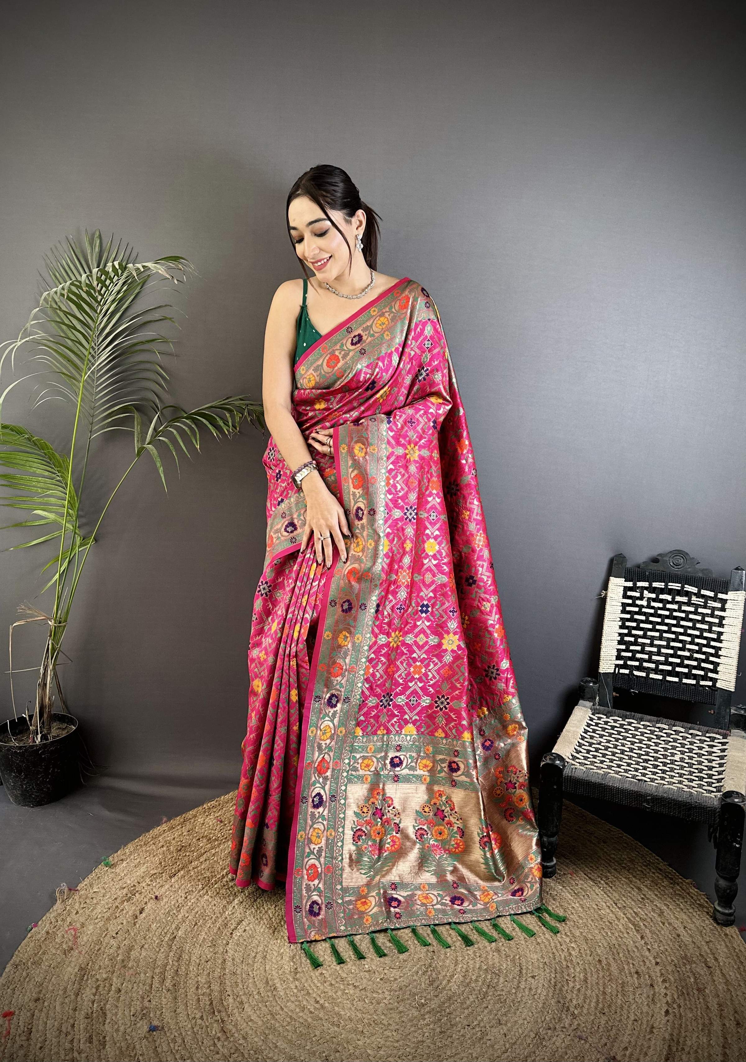 Sonakshi Women's Rani Pink Banarasi Silk Tassel Weaving Traditional Saree with Blouse - Distacart