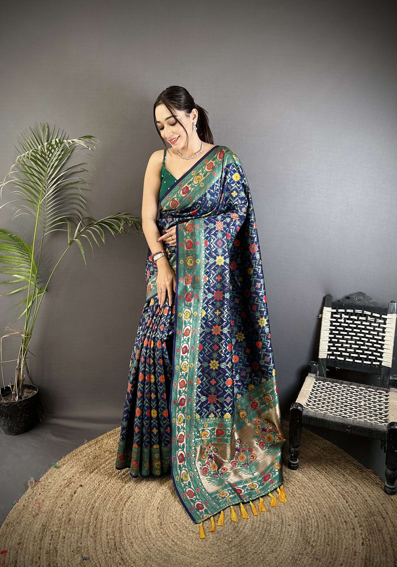 Sonakshi Women's Royal Blue Banarsi Silk Tassel Weaving Traditional Saree with Blouse - Distacart