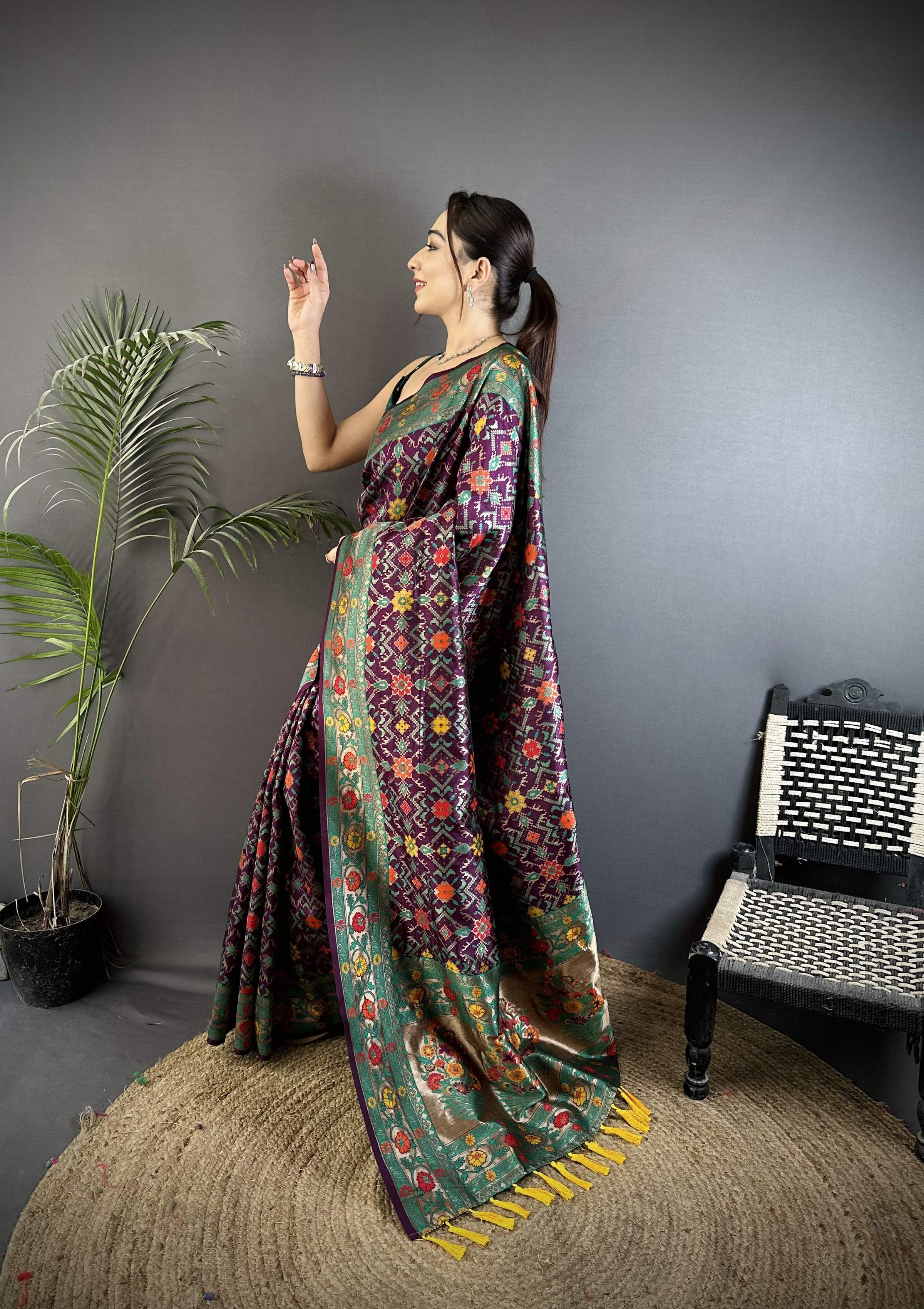 Sonakshi Women's Wine Banarsi Silk Tassel Weaving Traditional Saree with Blouse - Distacart