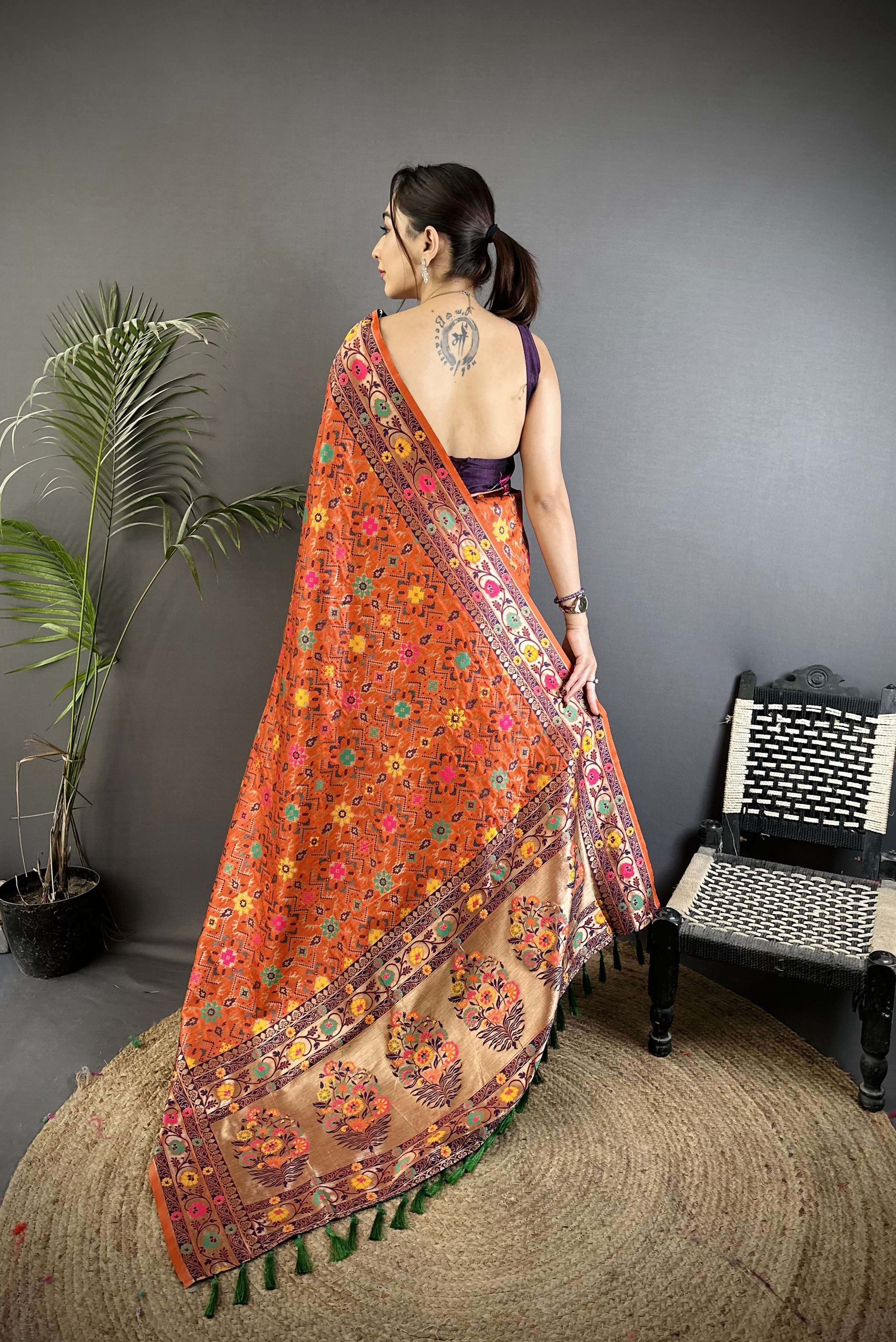 Sonakshi Women's Orange Banarsi Silk Tassel Weaving Traditional Saree with Blouse - Distacart