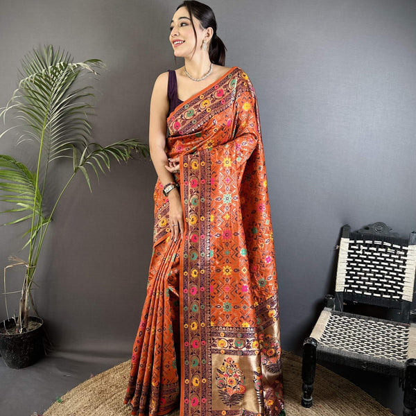 Sonakshi Women's Orange Banarsi Silk Tassel Weaving Traditional Saree with Blouse - Distacart