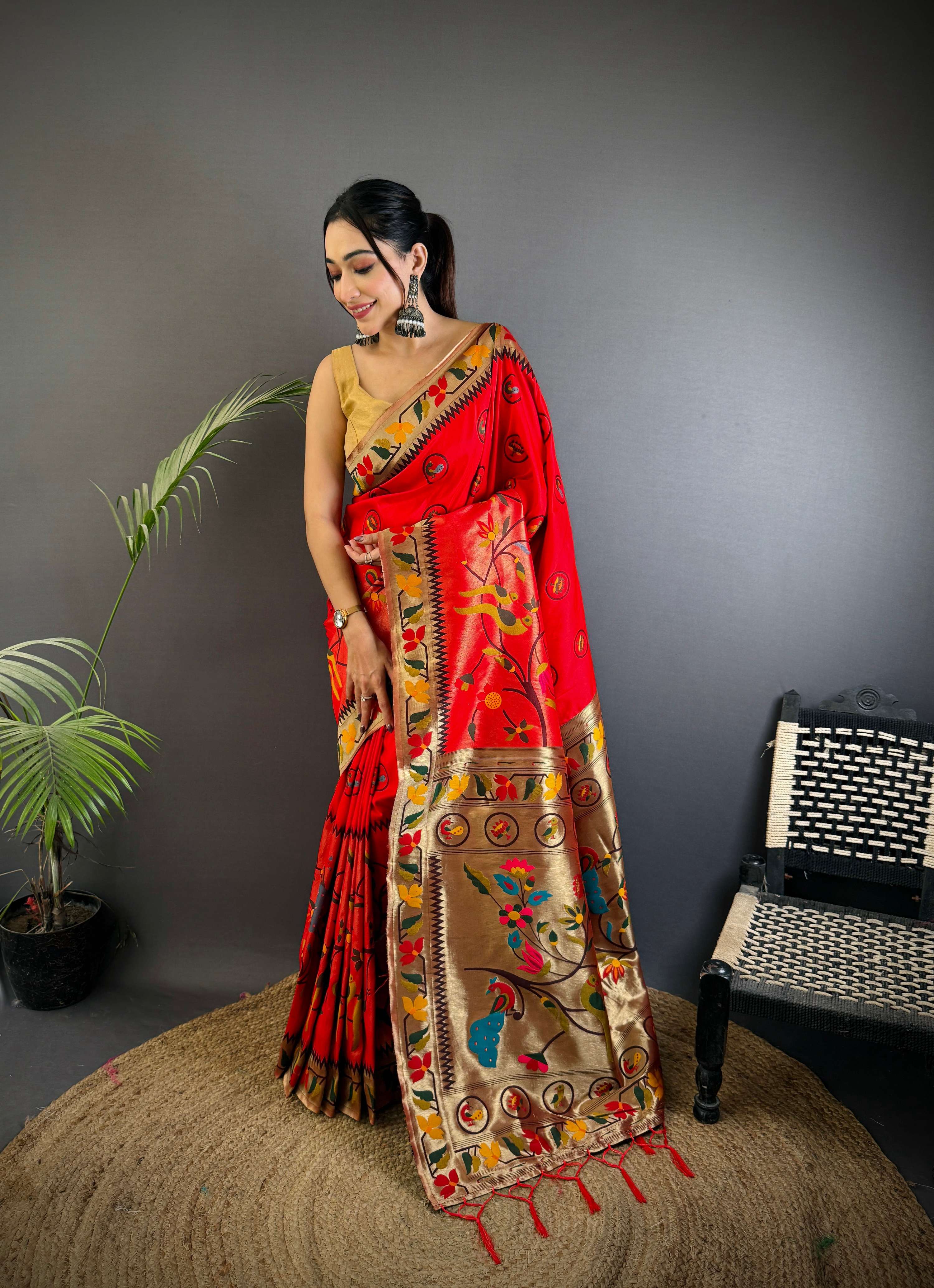 Sonakshi Women's Red Paithani Silk Zari & Meenakari Weaving Traditional Saree with Blouse - Distacart