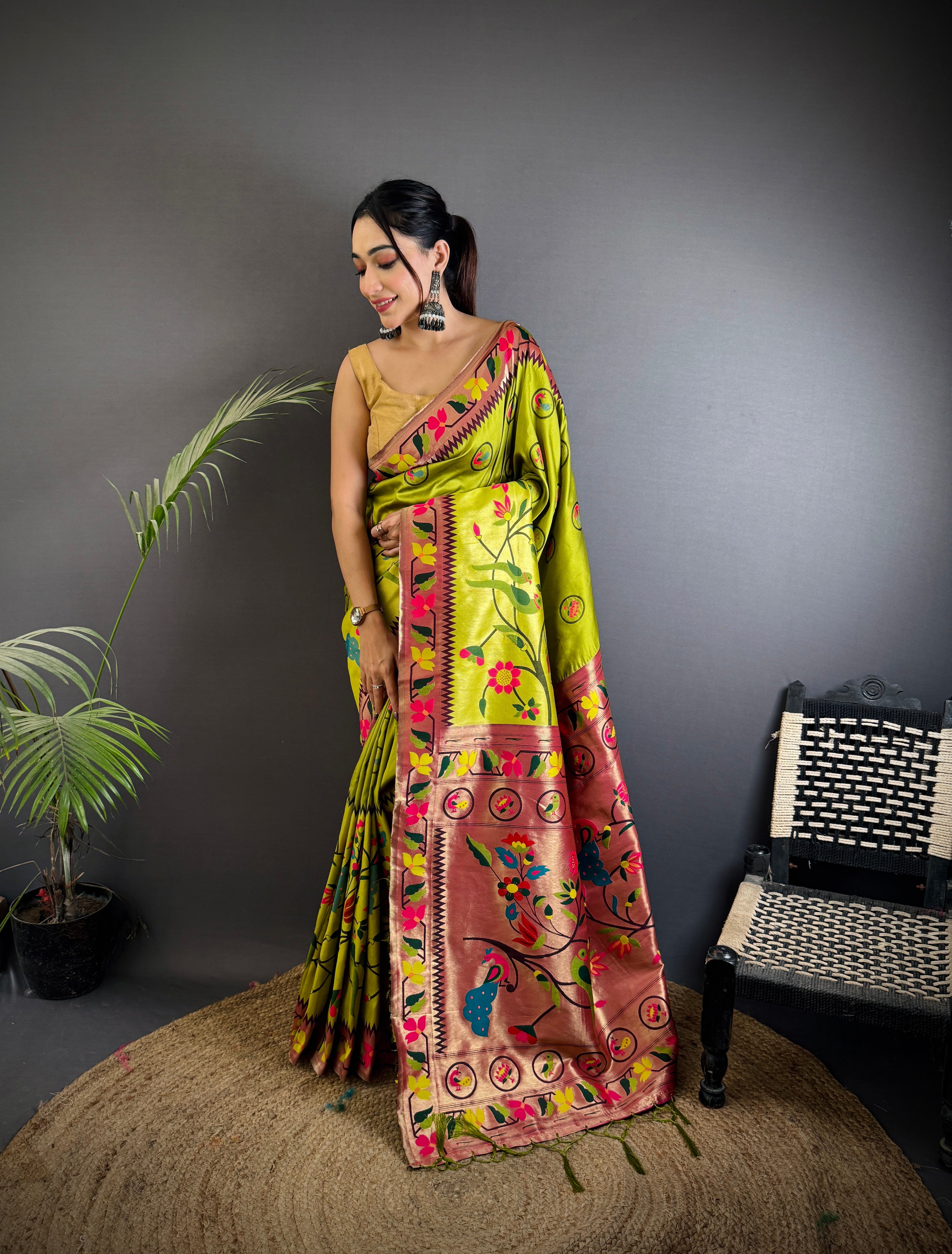 Sonakshi Women's Parrot Paithani Silk Zari & Meenakari Weaving Traditional Saree with Blouse - Distacart