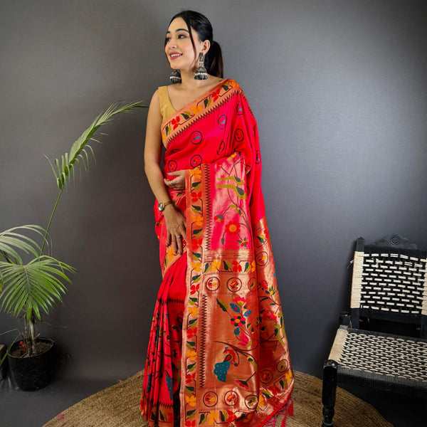 Sonakshi Women's Rani Pink Paithani Silk Zari & Meenakari Weaving Traditional Saree with Blouse - Distacart