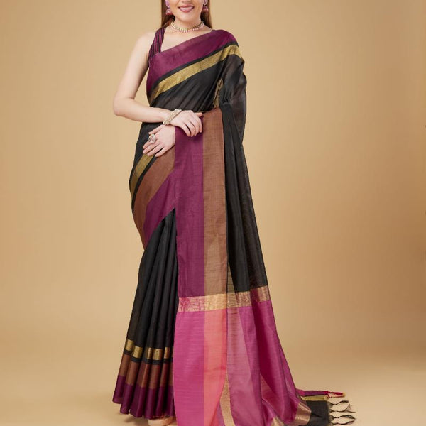 Sonakshi Women's Black Raw Silk Khadi & Zari Weaving Traditional Saree with Blouse - Distacart