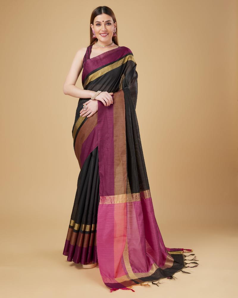 Sonakshi Women's Black Raw Silk Khadi & Zari Weaving Traditional Saree with Blouse - Distacart
