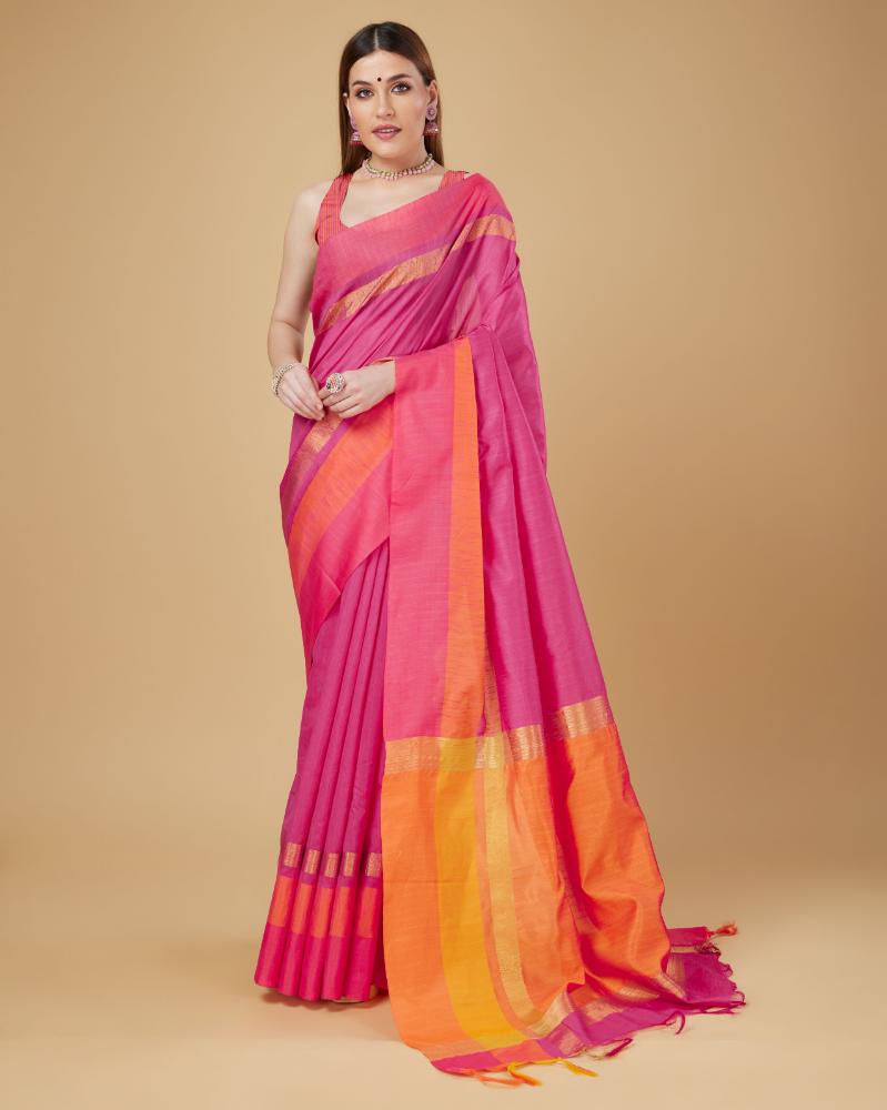 Sonakshi Women's Rani Pink Raw Silk Khadi & Zari Weaving Traditional Saree with Blouse - Distacart
