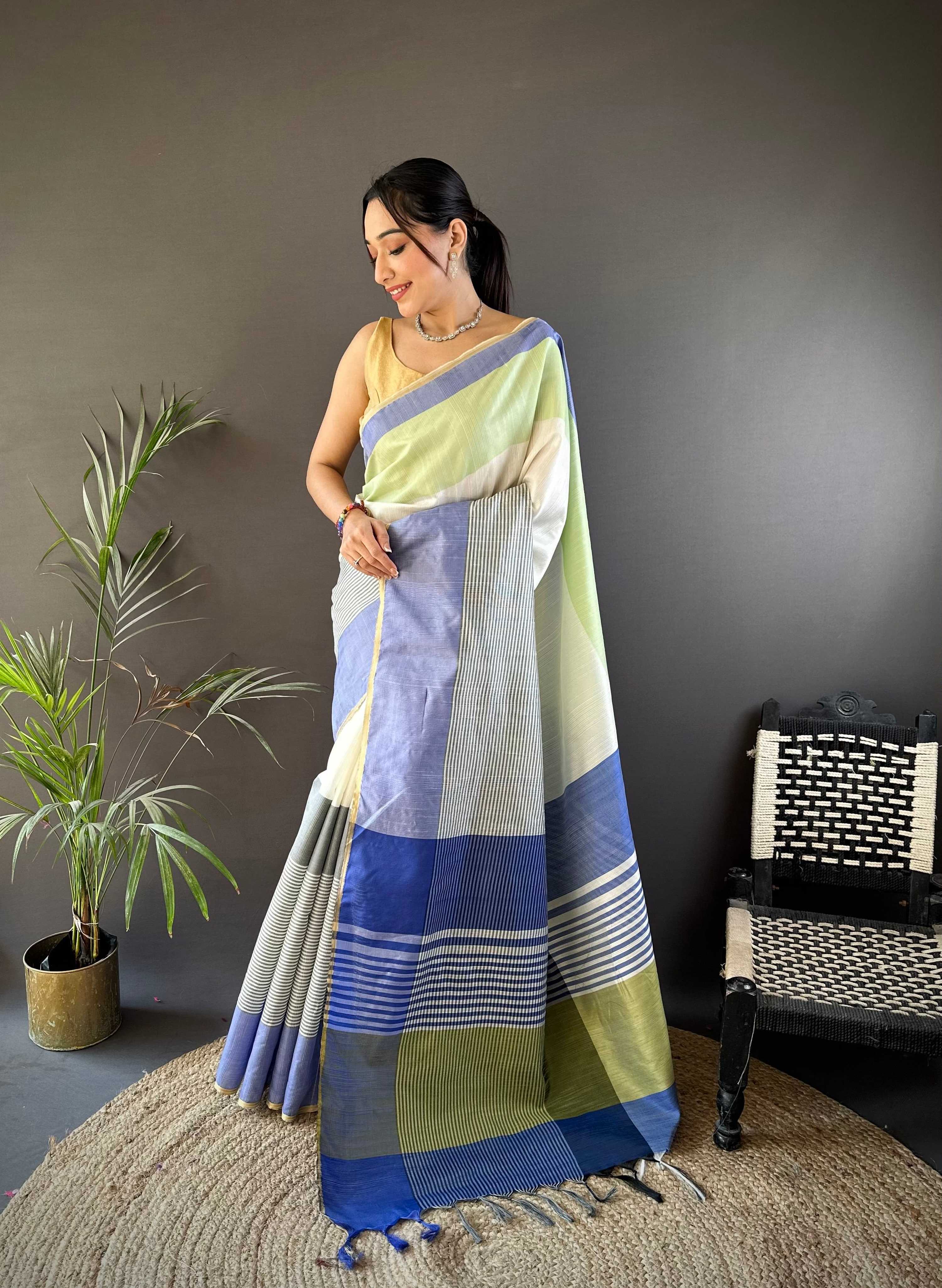 Sonakshi Women's White Raw Silk Khadi & Zari Weaving Traditional Saree with Blouse - Distacart