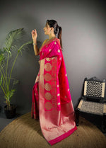 Thumbnail for Sonakshi Women's Rani Pink Soft Banarasi Lichi Silk Golden Zari Weaving Traditional Saree with Blouse - Distacart