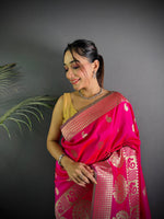 Thumbnail for Sonakshi Women's Rani Pink Soft Banarasi Lichi Silk Golden Zari Weaving Traditional Saree with Blouse - Distacart