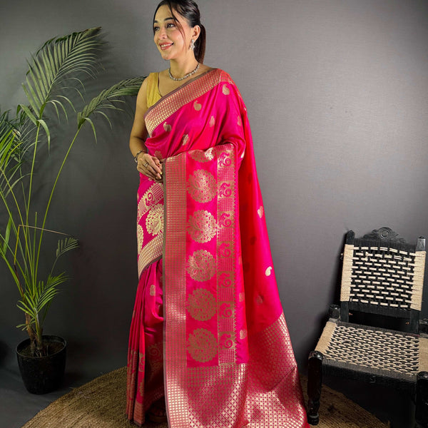 Sonakshi Women's Rani Pink Soft Banarasi Lichi Silk Golden Zari Weaving Traditional Saree with Blouse - Distacart