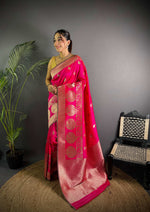 Thumbnail for Sonakshi Women's Rani Pink Soft Banarasi Lichi Silk Golden Zari Weaving Traditional Saree with Blouse - Distacart