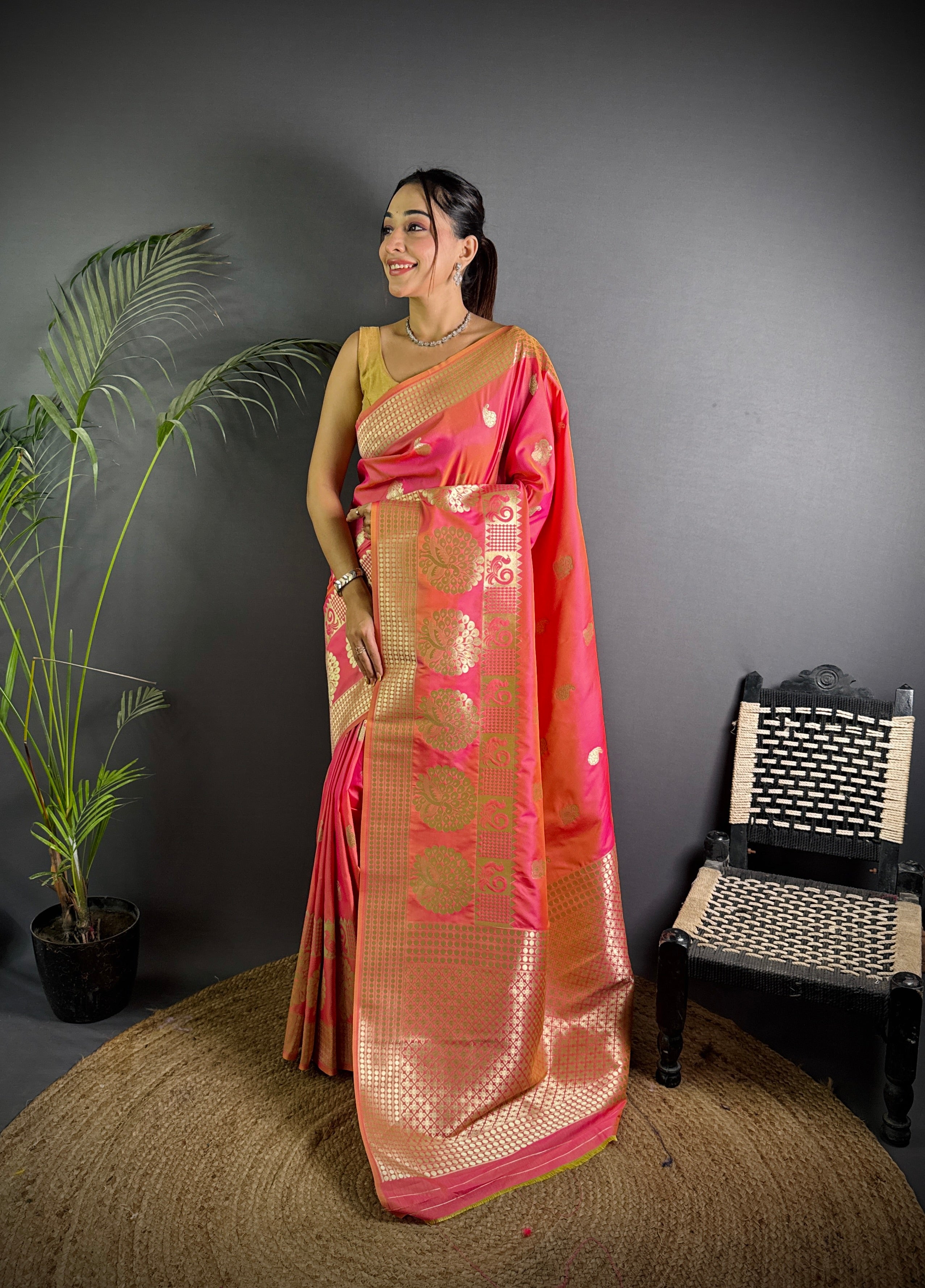 Sonakshi Women's Pink Soft Banarasi Lichi Silk Golden Zari Weaving Traditional Saree with Blouse - Distacart