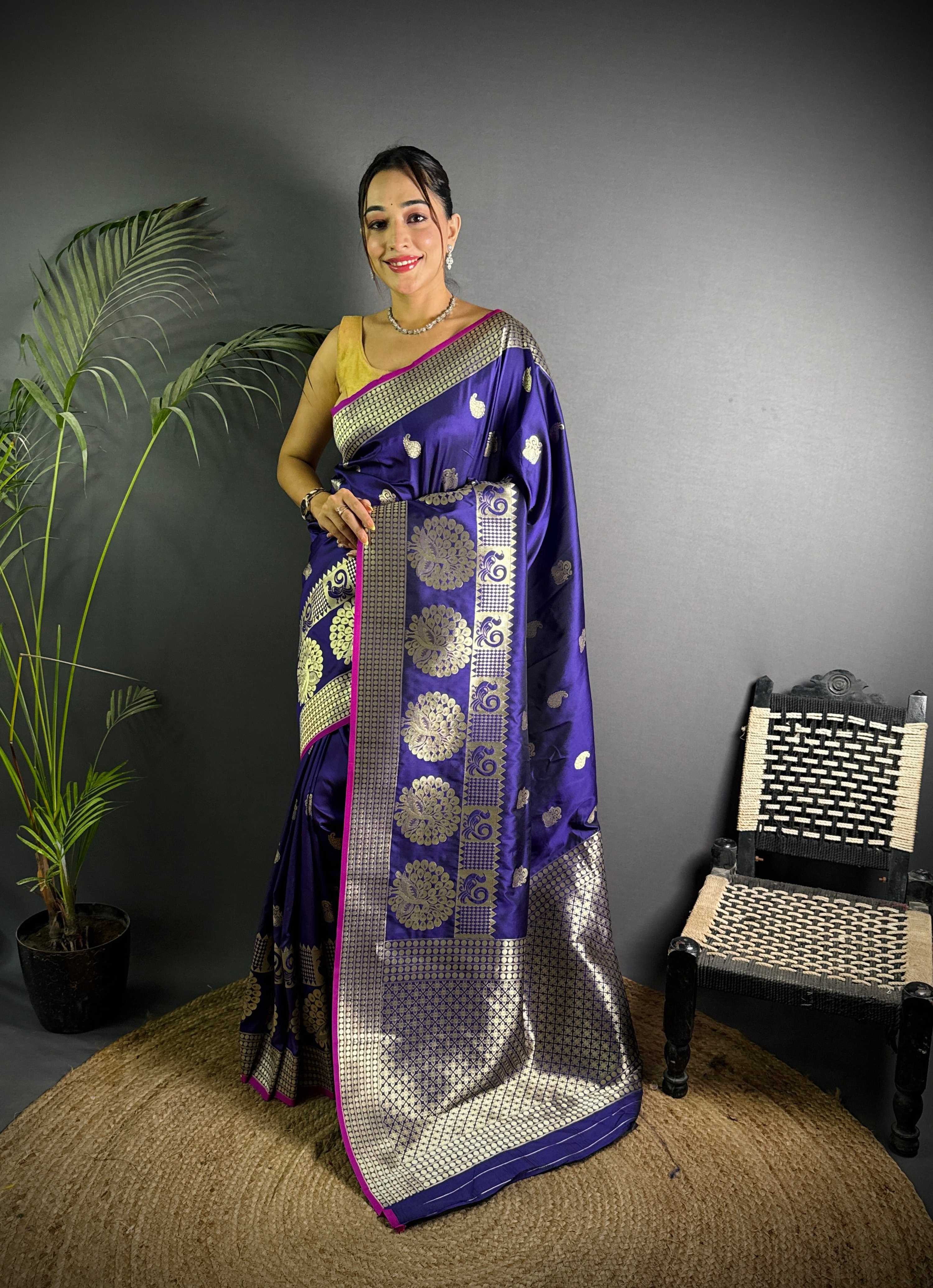 Sonakshi Women's Blue Soft Banarasi Lichi Silk Golden Zari Weaving Traditional Saree with Blouse - Distacart