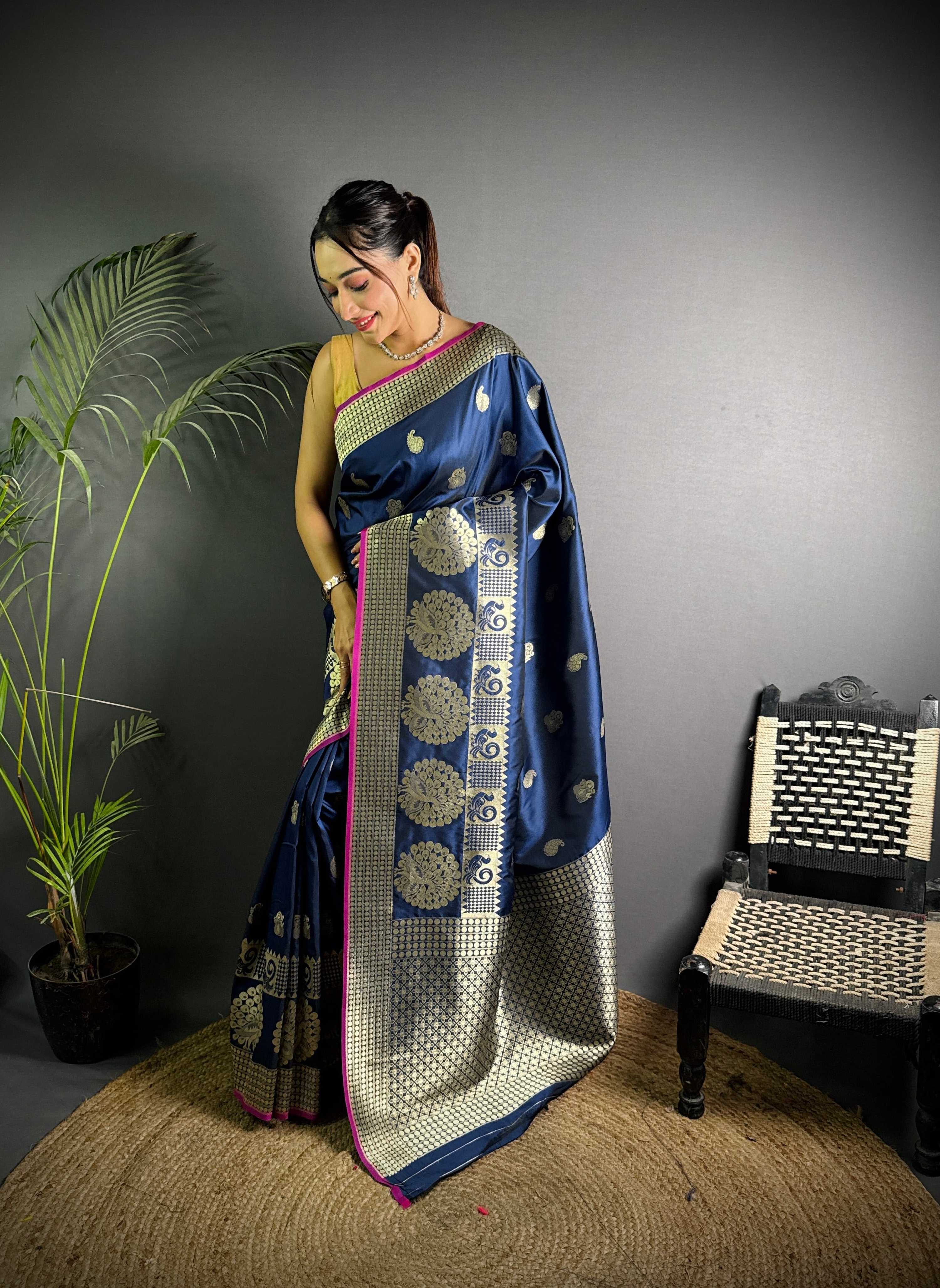 Sonakshi Women's Navy Blue Soft Banarasi Lichi Silk Golden Zari Weaving Traditional Saree with Blouse - Distacart