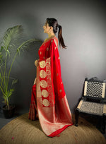 Thumbnail for Sonakshi Women's Red Soft Banarasi Lichi Silk Golden Zari Weaving Traditional Saree with Blouse - Distacart
