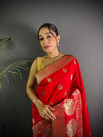 Thumbnail for Sonakshi Women's Red Soft Banarasi Lichi Silk Golden Zari Weaving Traditional Saree with Blouse - Distacart