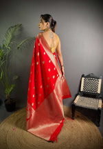 Thumbnail for Sonakshi Women's Red Soft Banarasi Lichi Silk Golden Zari Weaving Traditional Saree with Blouse - Distacart
