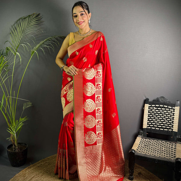 Sonakshi Women's Red Soft Banarasi Lichi Silk Golden Zari Weaving Traditional Saree with Blouse - Distacart