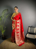 Thumbnail for Sonakshi Women's Red Soft Banarasi Lichi Silk Golden Zari Weaving Traditional Saree with Blouse - Distacart