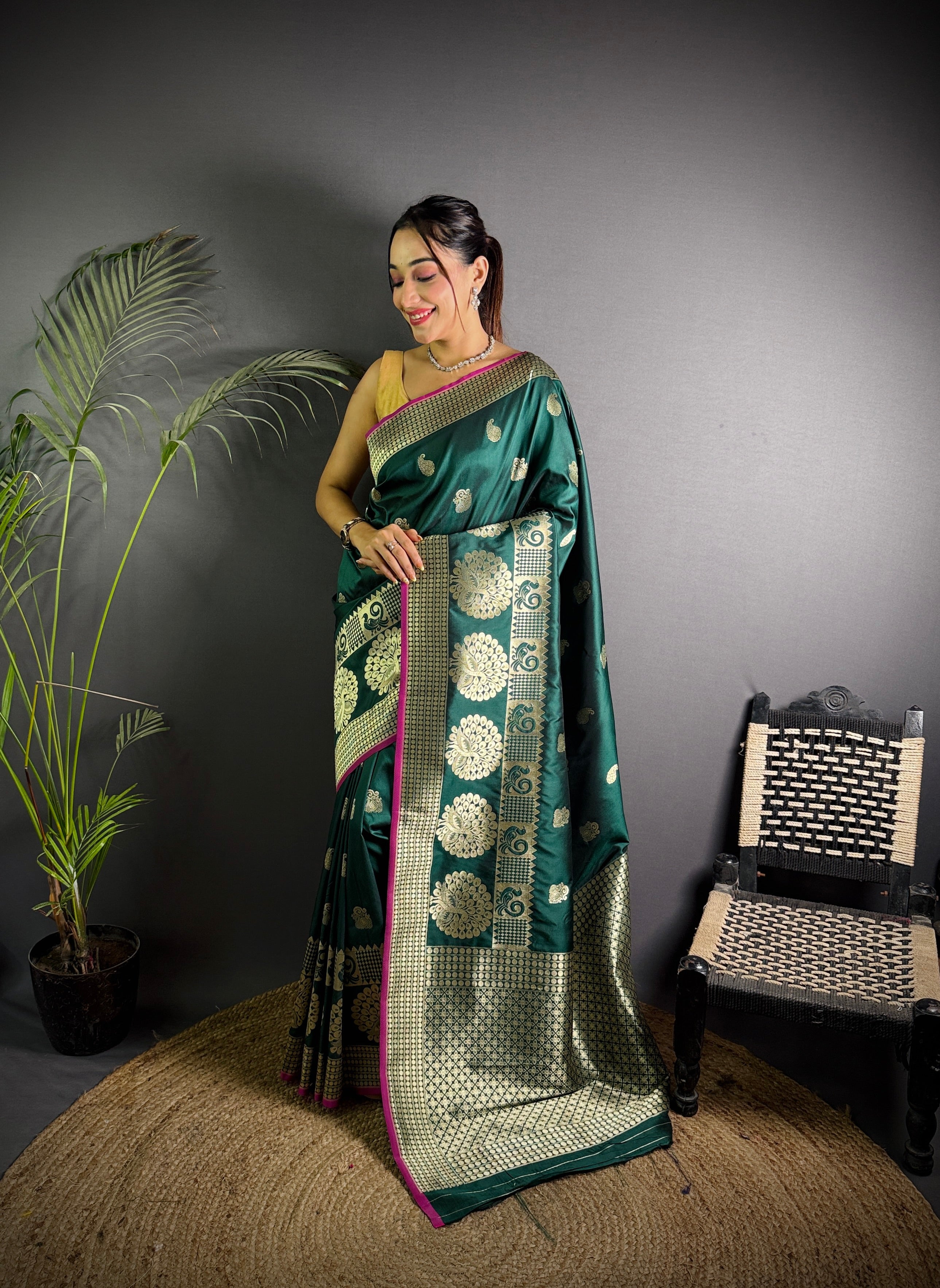 Sonakshi Women's Ramagreen Soft Banarasi Lichi Silk Golden Zari Weaving Traditional Saree with Blouse - Distacart