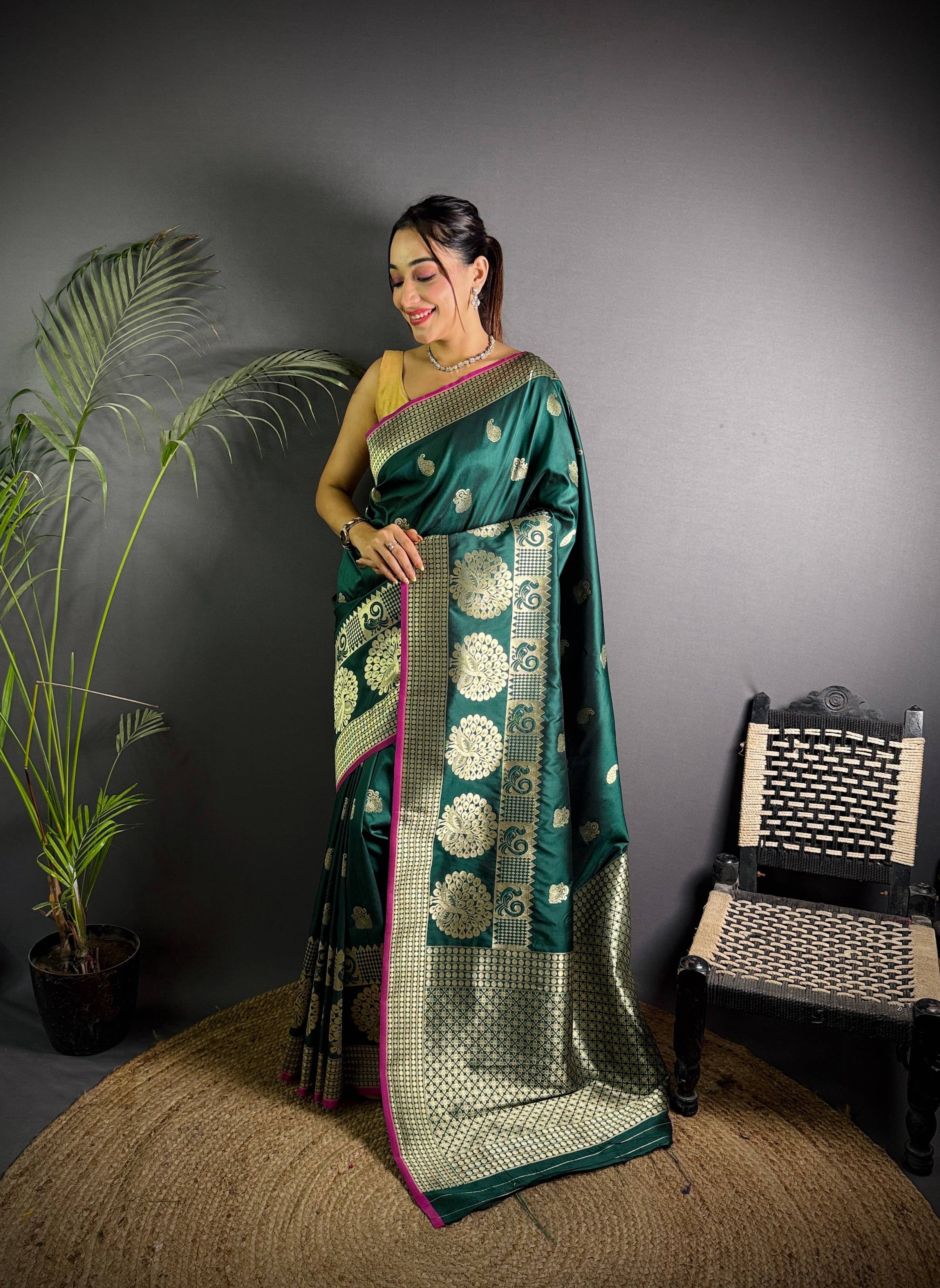 Sonakshi Women's Ramagreen Soft Banarasi Lichi Silk Golden Zari Weaving Traditional Saree with Blouse - Distacart
