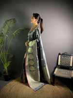 Thumbnail for Sonakshi Women's Grey Soft Banarasi Lichi Silk Golden Zari Weaving Traditional Saree with Blouse - Distacart