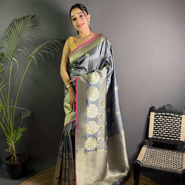 Sonakshi Women's Grey Soft Banarasi Lichi Silk Golden Zari Weaving Traditional Saree with Blouse - Distacart