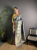 Thumbnail for Sonakshi Women's Grey Soft Banarasi Lichi Silk Golden Zari Weaving Traditional Saree with Blouse - Distacart