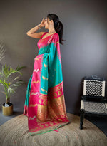 Thumbnail for Sonakshi Women's Teal Soft Banarasi Silk Zari Weaving Traditional Saree with Blouse - Distacart
