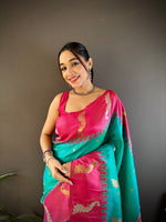 Thumbnail for Sonakshi Women's Teal Soft Banarasi Silk Zari Weaving Traditional Saree with Blouse - Distacart