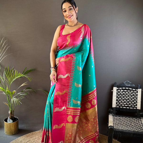 Sonakshi Women's Teal Soft Banarasi Silk Zari Weaving Traditional Saree with Blouse - Distacart
