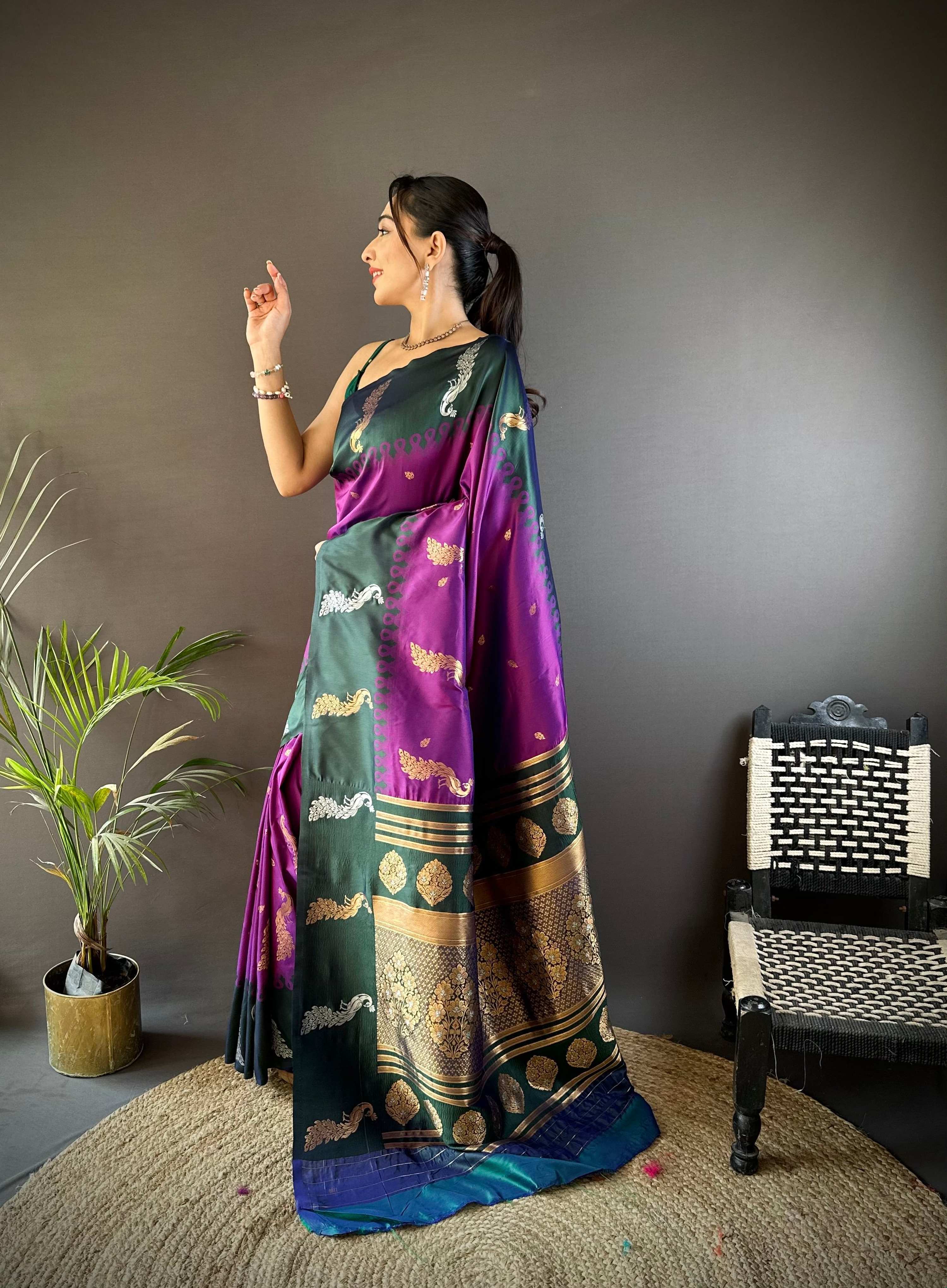 Sonakshi Women's Purple Soft Banarasi Silk Zari Weaving Traditional Saree with Blouse - Distacart