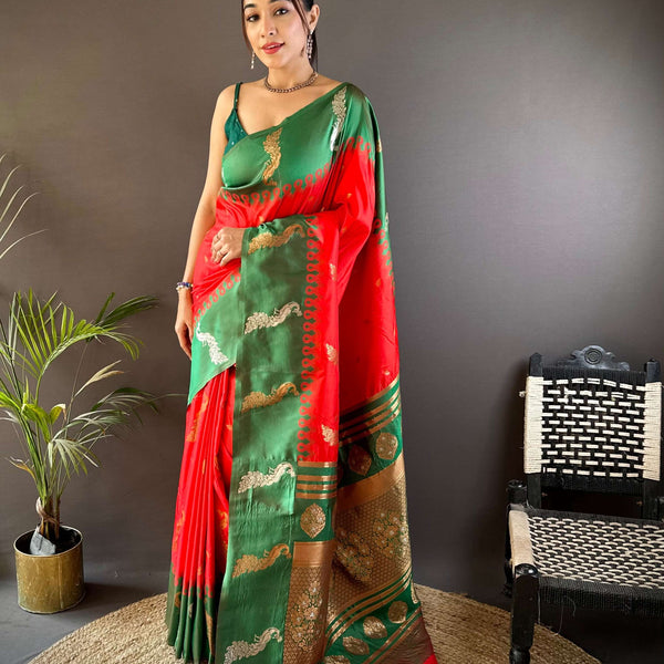 Sonakshi Women's Red Soft Banarasi Silk Zari Weaving Traditional Saree with Blouse - Distacart