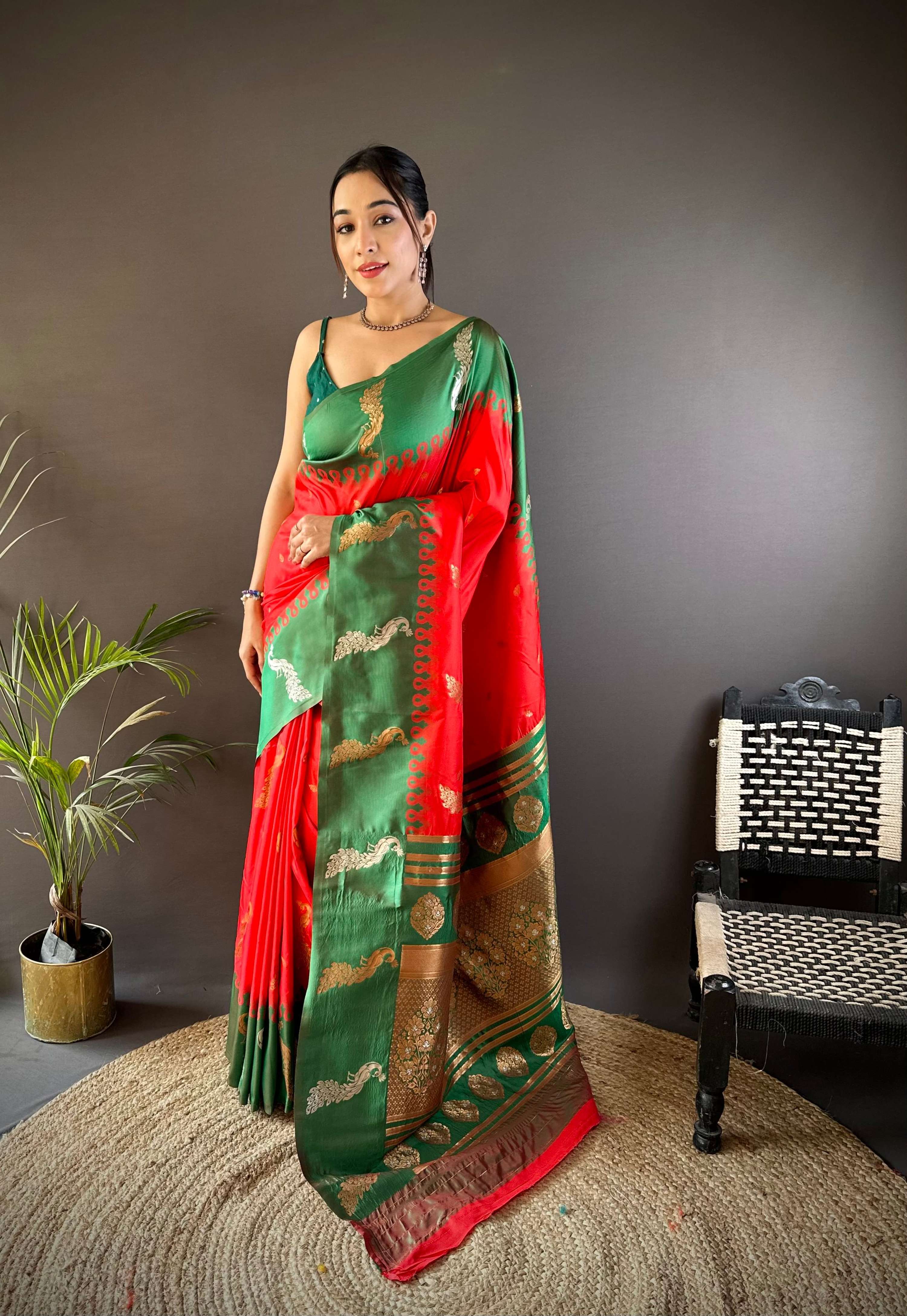 Sonakshi Women's Red Soft Banarasi Silk Zari Weaving Traditional Saree with Blouse - Distacart