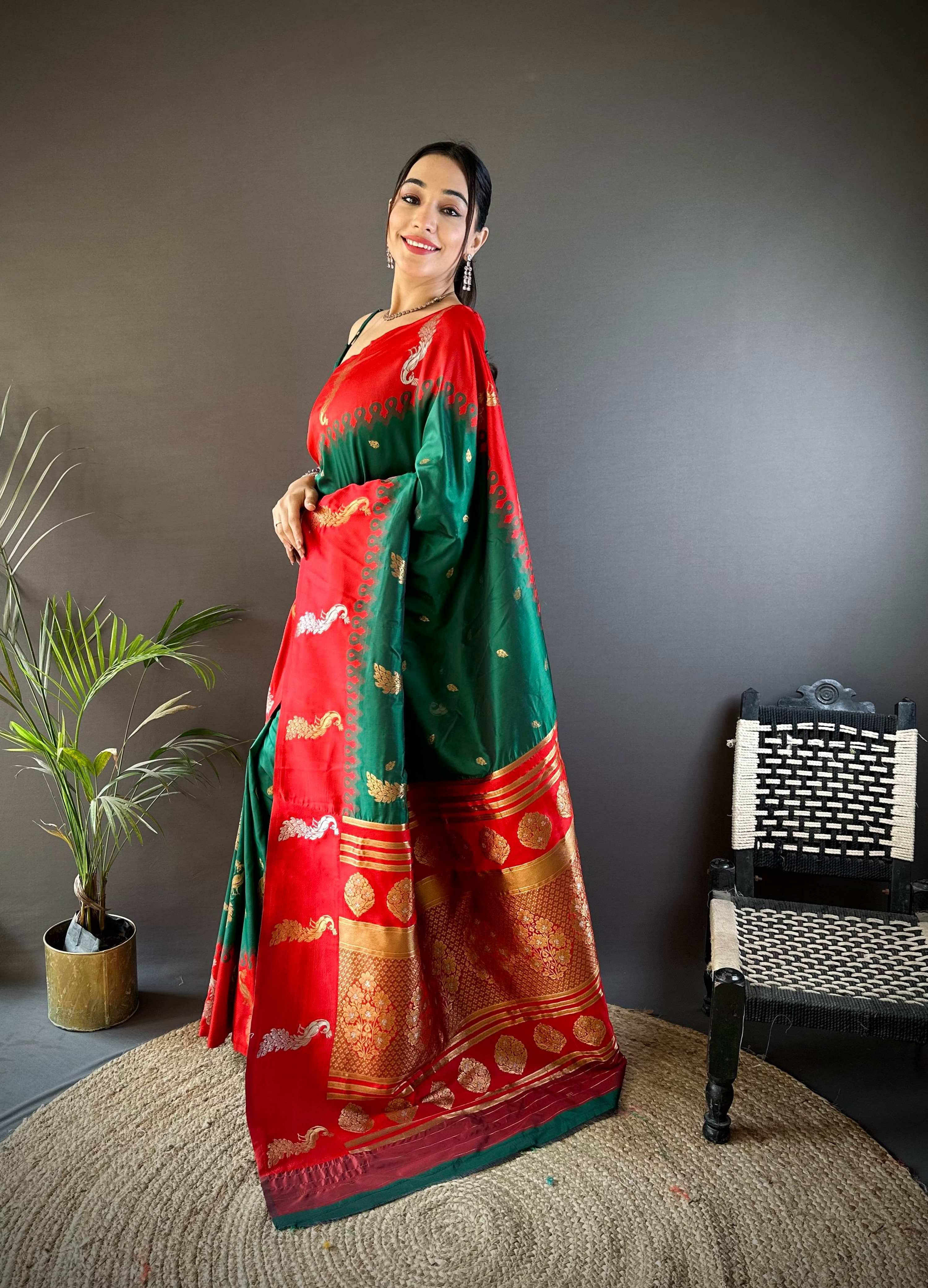 Sonakshi Women's Green Soft Banarasi Silk Zari Weaving Traditional Saree with Blouse - Distacart