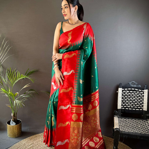 Sonakshi Women's Green Soft Banarasi Silk Zari Weaving Traditional Saree with Blouse - Distacart
