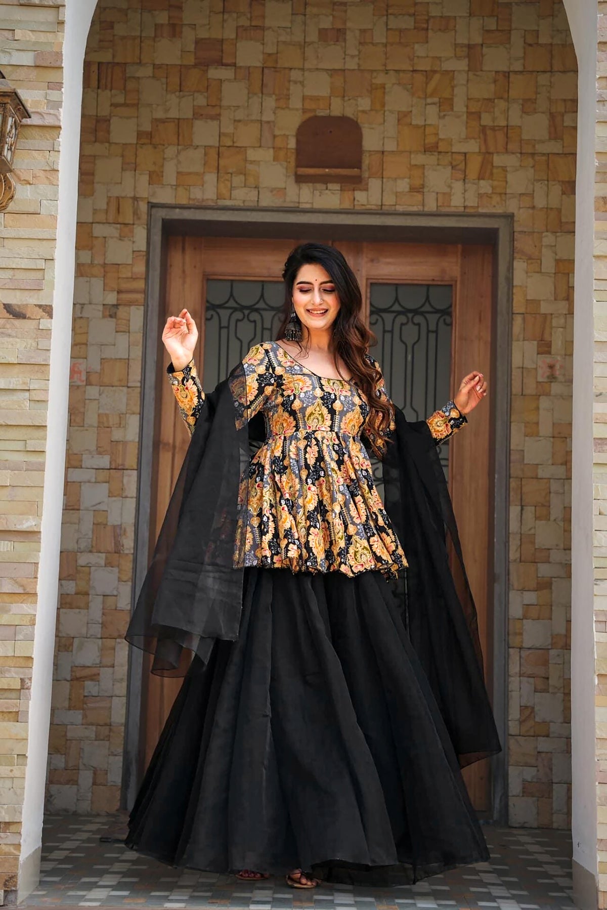 Sonakshi A-Line Silk Digital Printed Black Sharara Set with Dupatta
