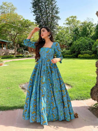 Jyoti Fashion Women's Turquoise Heavy Digital Printed Cotton Silk Anarkali Dress - Distacart