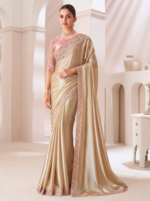 NOZ2TOZ Women's Pure Chiffon Peach Embellished Designer Saree With Blouse Piece - Distacart