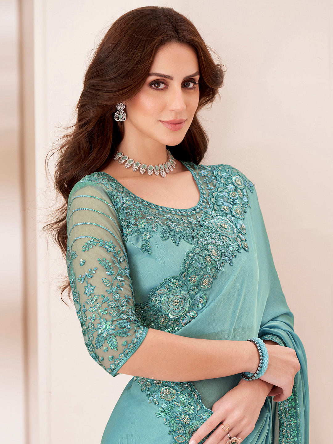 NOZ2TOZ Women's Pure Georgette Turquoise Embellished Designer Saree With Blouse Piece - Distacart