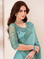 Thumbnail for NOZ2TOZ Women's Pure Georgette Turquoise Embellished Designer Saree With Blouse Piece - Distacart