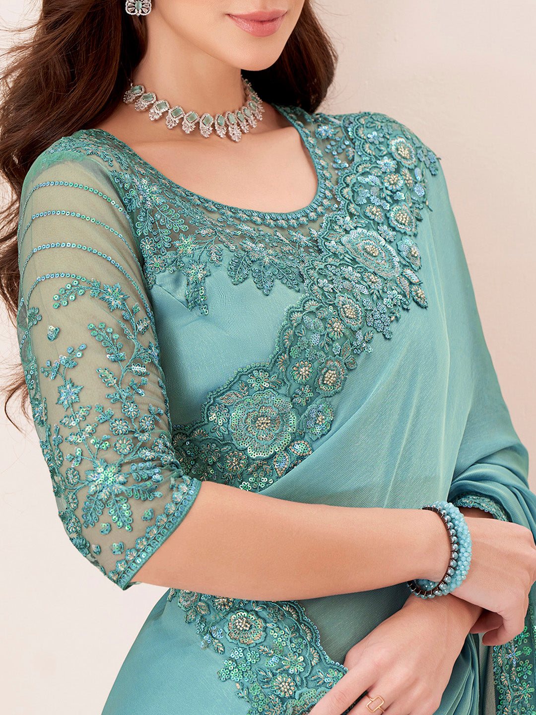 NOZ2TOZ Women's Pure Georgette Turquoise Embellished Designer Saree With Blouse Piece - Distacart