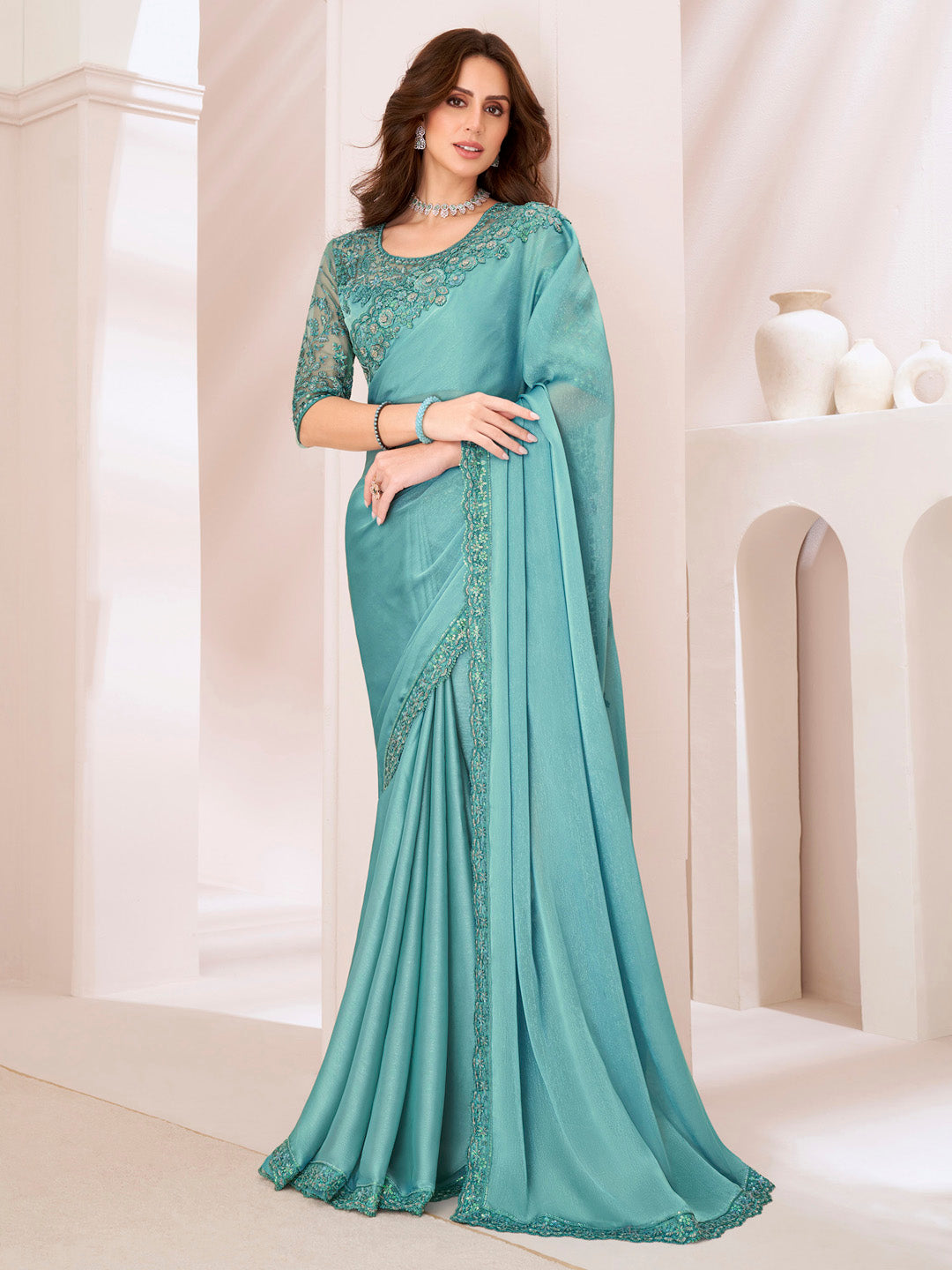 NOZ2TOZ Women's Pure Georgette Turquoise Embellished Designer Saree With Blouse Piece - Distacart